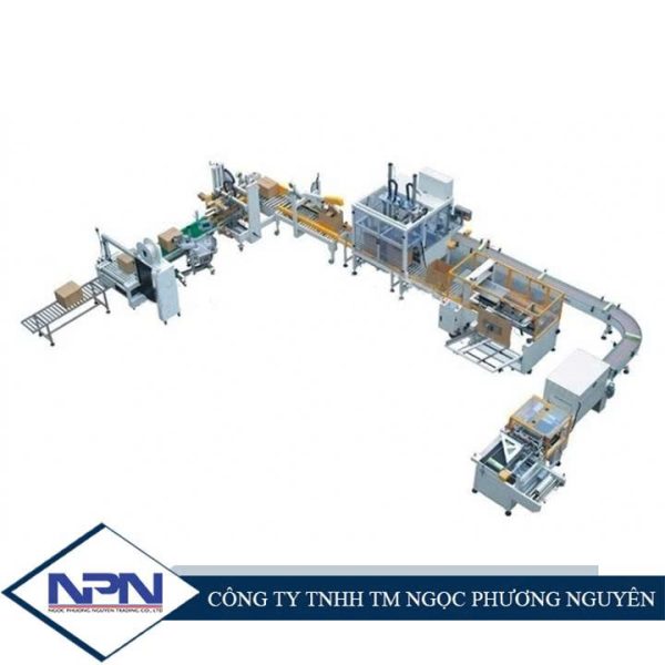 Dây chuyền gắp hàng, dán và đóng đai thùng tự động
